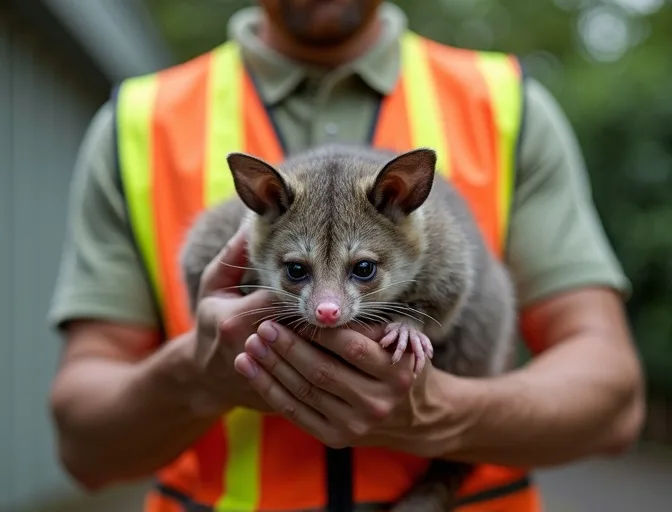 Animal handler safely recovering a deceased possum in Boneo