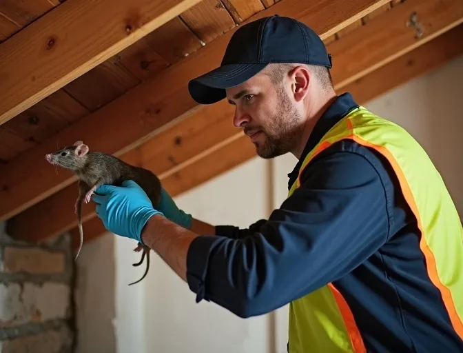 Technician inspecting a roof cavity for a dead rat in Boneo
